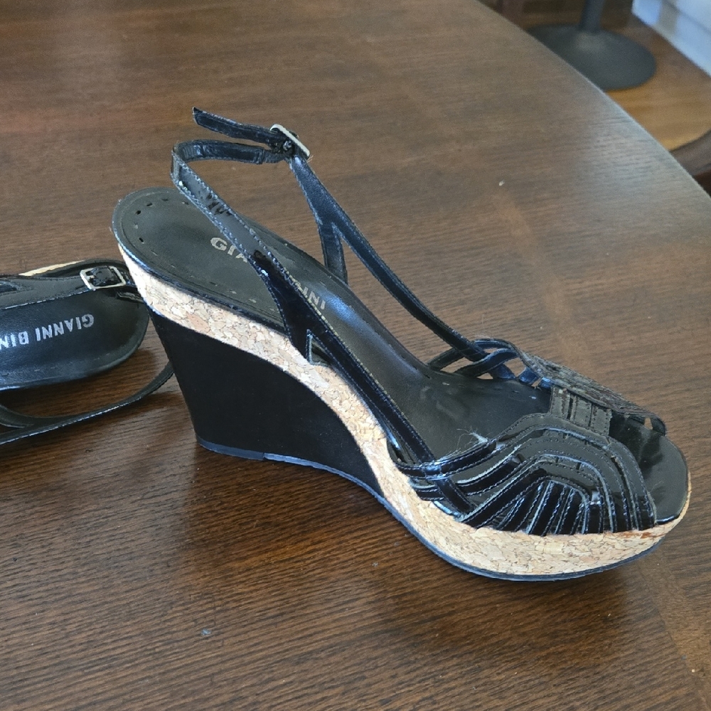 Gianni Bini Black Patten and Cork Wedge Sandals